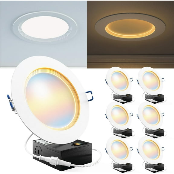 Sunco 6 Pack 6 Inch Ultra Thin LED Recessed Ceiling Lights Slim, Night Light, Baffle Trim, 2700K/3000K/4000K/5000K/6000K Selectable, Dimmable, 14W, Canless Wafer with Junction Box - ETL