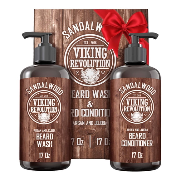 Viking Revolution Ensemble de Nettoyant pour Barbe et Revitalisant pour Barbe avec Huiles d'Argan et de Jojoba - Adoucit et Renforce - Parfum Naturel de Bois de Santal - Shampooing pour Barbe à l'Huile pour Barbe (17 oz)