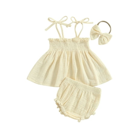

Sunisery 3Pcs Toddler Baby Girl Vest Shorts Outfits Summer Sleeveless Tie Strap Shirred Tops + Shorts + Headband Sets Apricot 12-18 Months