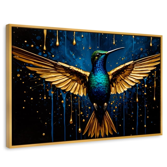 Cuadro Decorativo Canvas Revolution Marco Flotante Colibrí 90x60 Dorado