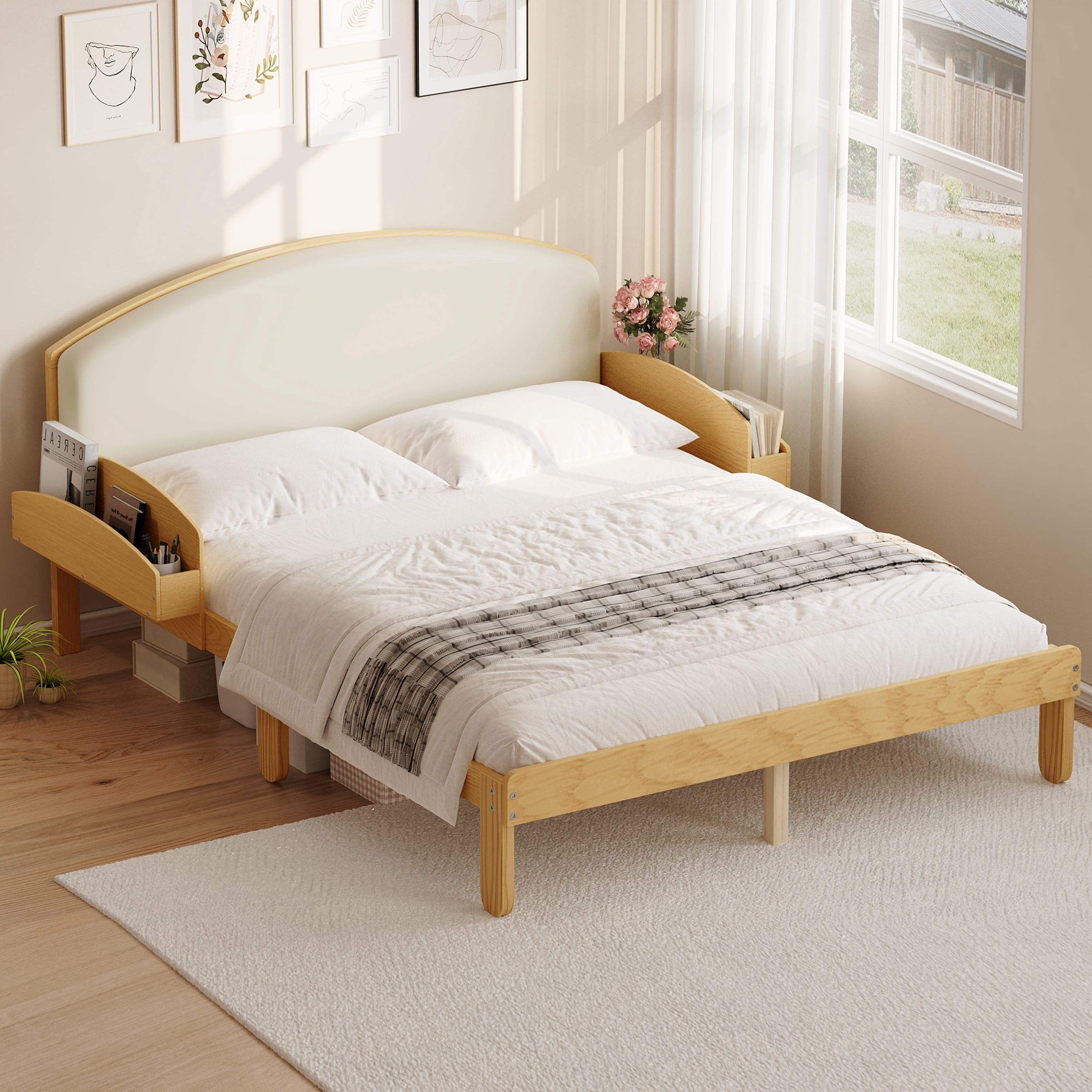 Euroco Full Size Platform Bed with Upholstery Headboard, Wood Bed Frame with Storage Shelves, No Box Spring Needed, Natural