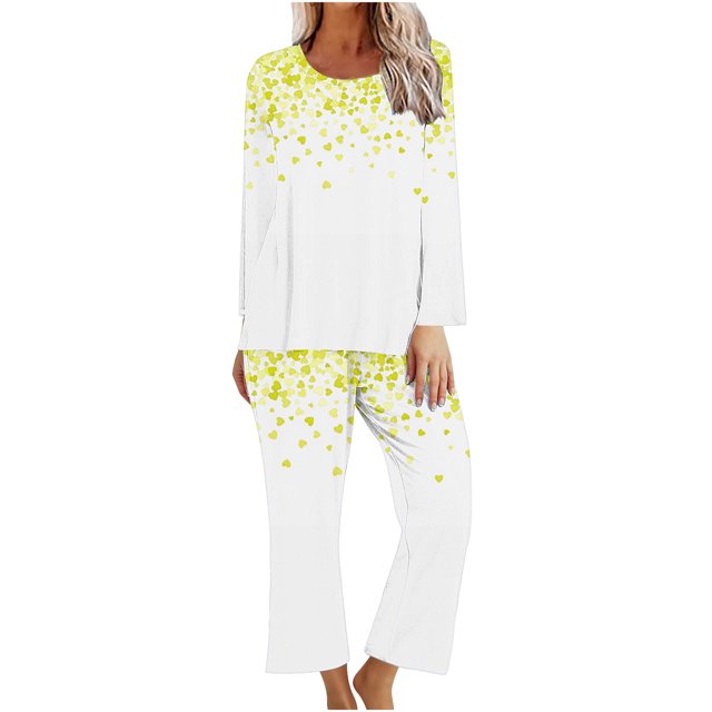 TIMIFIS Pyjamas de la Saint-Valentin pour Femmes Ensembles de Pyjamas pour Dames Décontractés Manches Longues Mignon Imprimé Cœur Col Rond Hauts Décontractés avec Pantalons Ensembles de Pjs