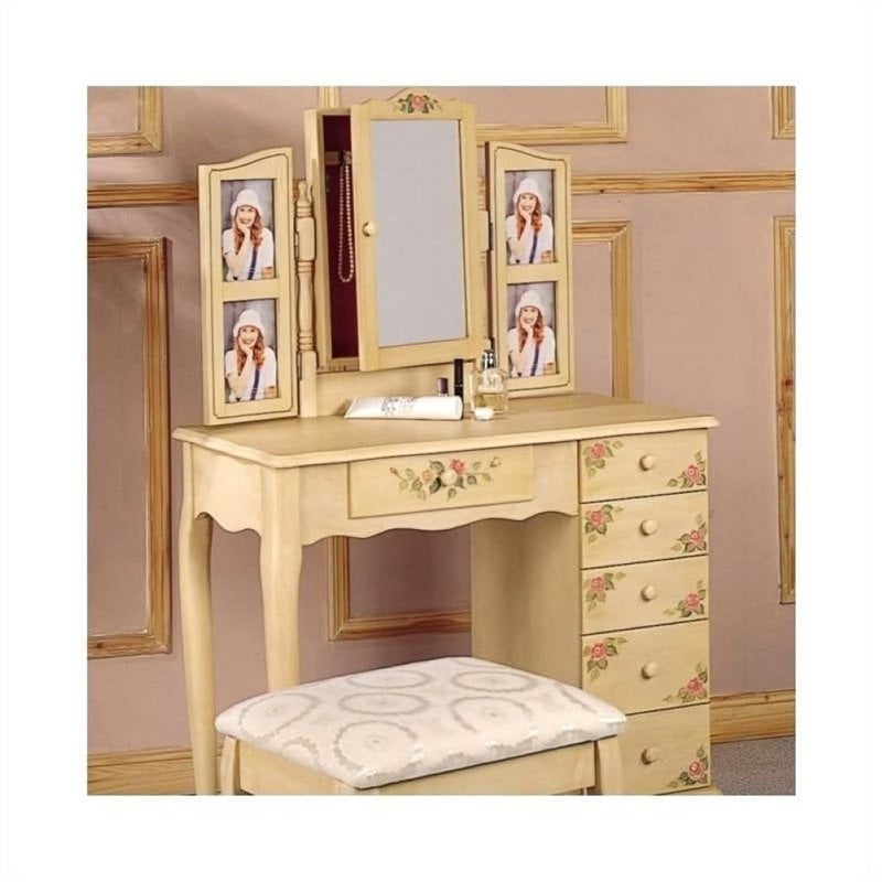 Bowery Hill Hand Painted Wood Makeup Vanity Table Set With Mirror In Ivory Walmart Com Walmart Com