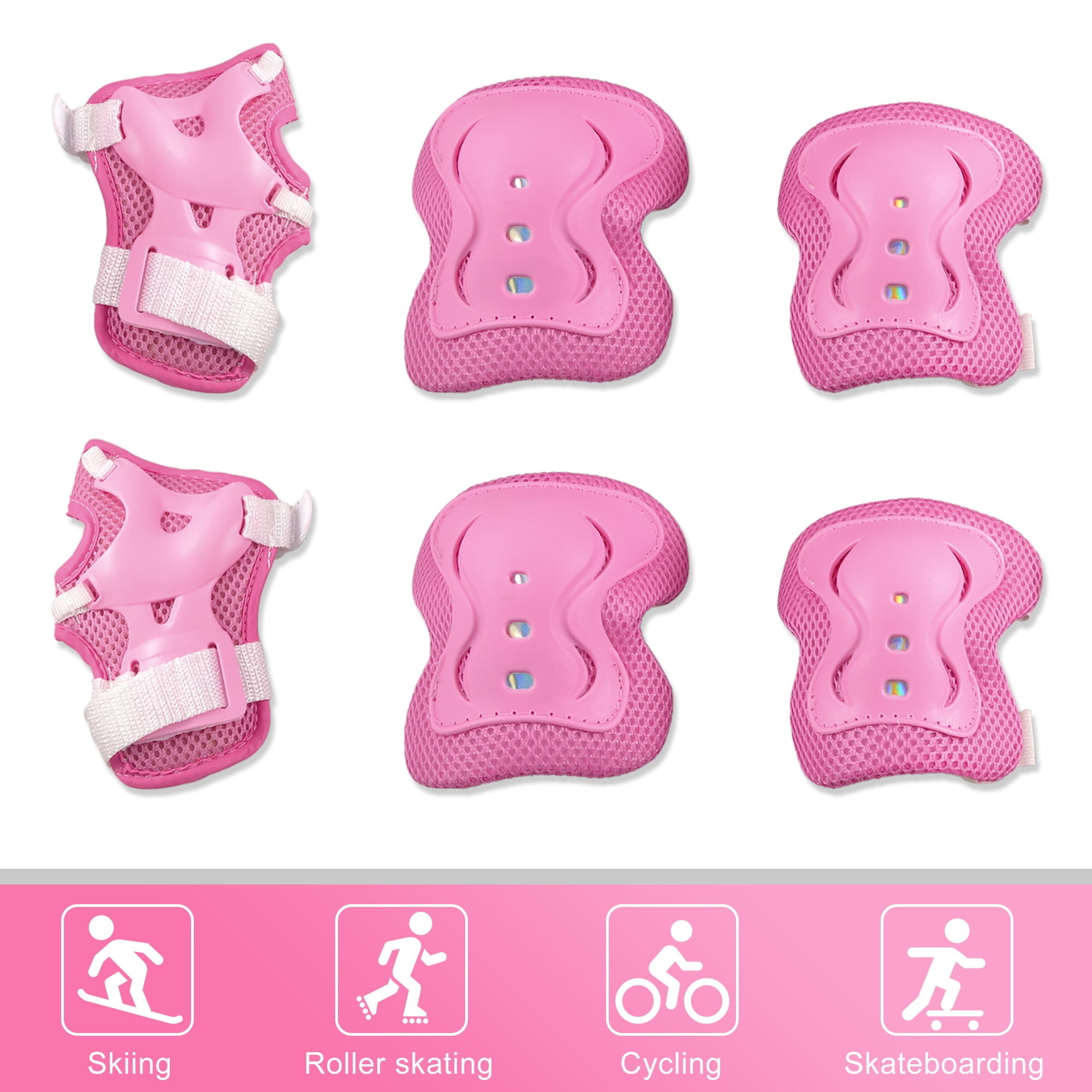 6-Pack Kids Cycling Roller Skating Plastic Wrist Elbow Knee Protector Pads Pink