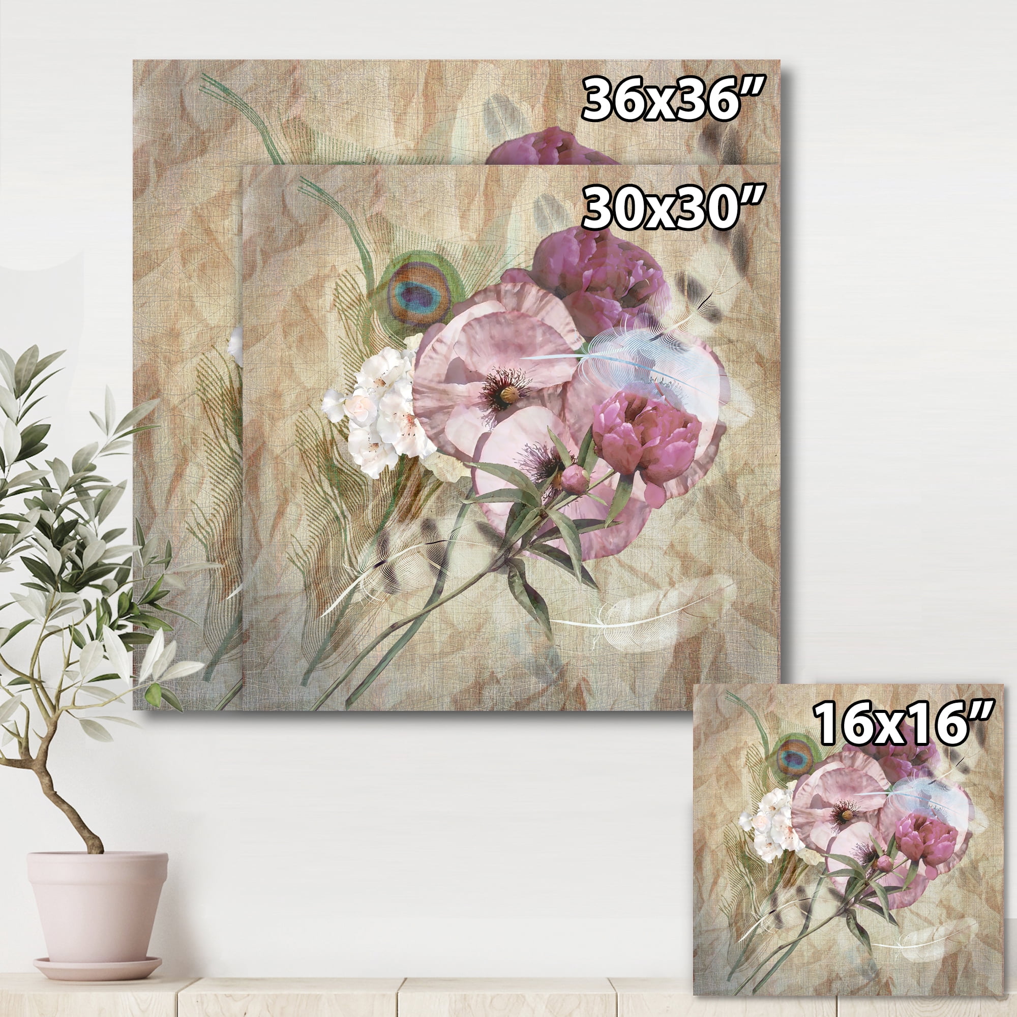 Designart ' Iris Bouquet Floral Design With Peacock Feather ' Traditional Canvas Wall Art Print