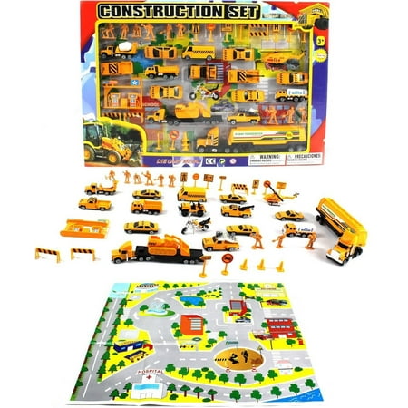 Complete Metro Construction Crew Set Toy 43 Piece Mini Toy Diecast Vehicle Play Set, Comes with Street Play Mat, Variety of Vehicles and Figures, Fun