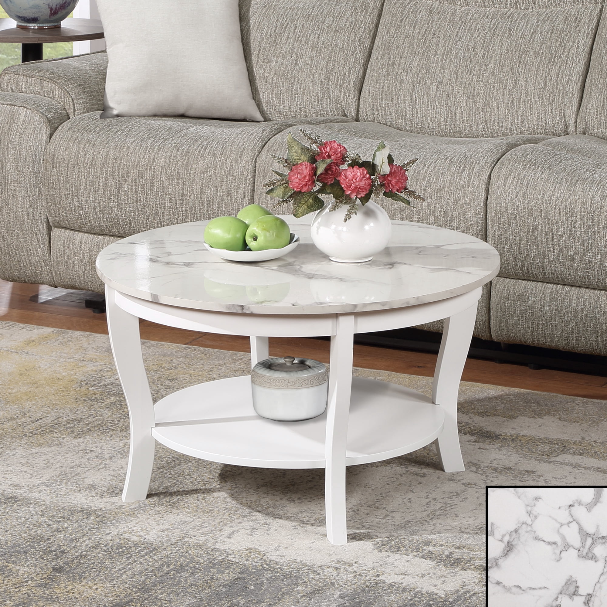 Convenience Concepts American Heritage Round Coffee Table with Shelf White Faux Marble/White