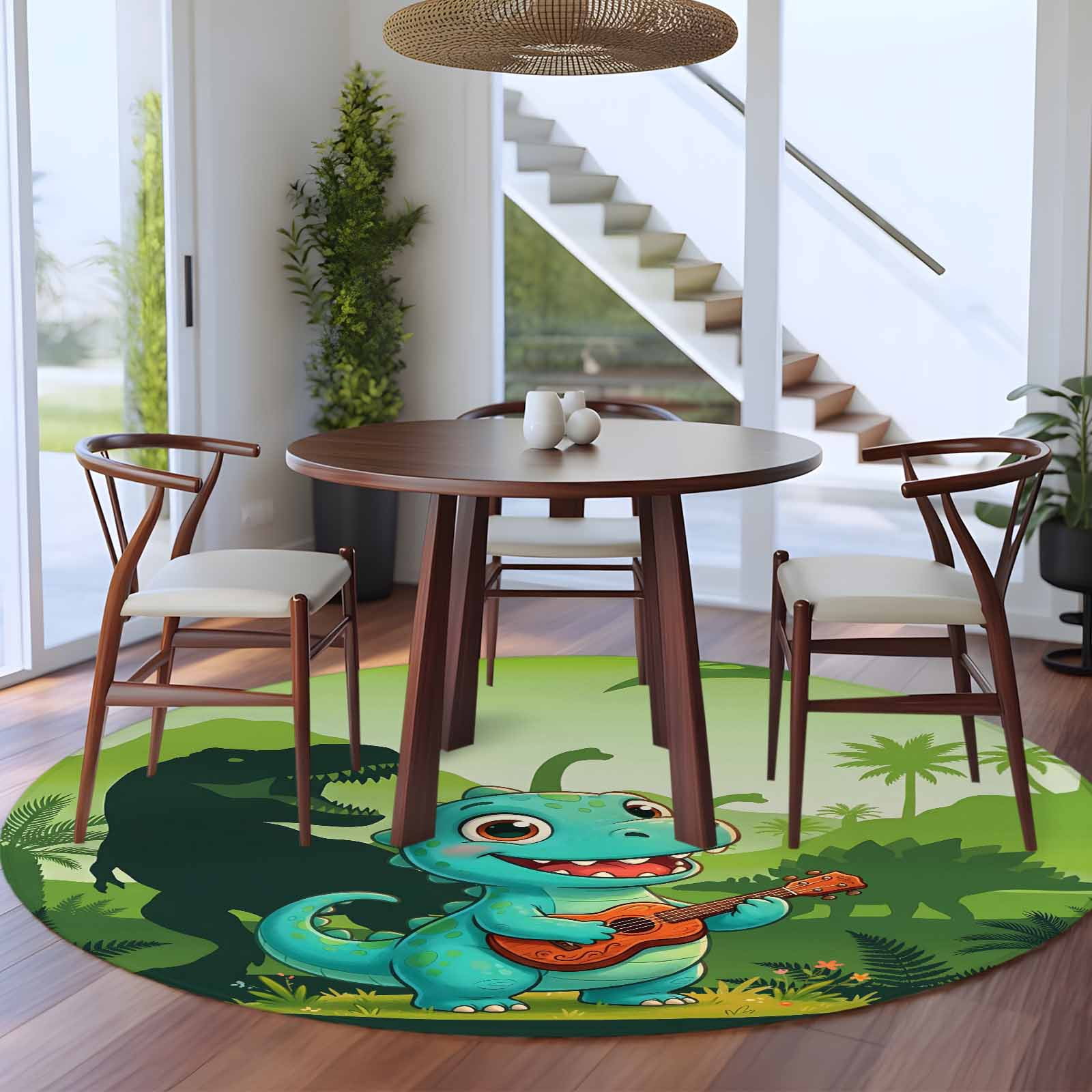 Funny Dinosaur Round Area Rug 6Ft Washable Circle Rugs for Bathroom Office, Playing Guitar Palm Tropical Green Silhouette Non-Slip Carpet Floor Mats Indoor Outdoor Carpet Runner Aesthetic Home Decor