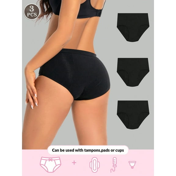 3-Piece Set Of Absorbable Black Physiological Leak Proof Underwear, High Waist And High Elasticity, Comfortable Fit, Suitable For Women's Menstrual