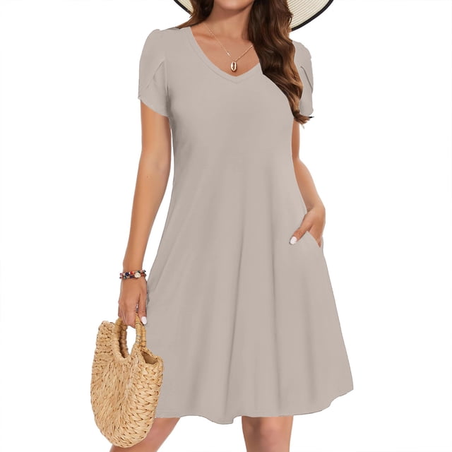 Admvng Robe pour Femmes Été 2025 à Manches, Design en Gousse, Robe de Couleur Unie à Col en V avec Poche P-2TG