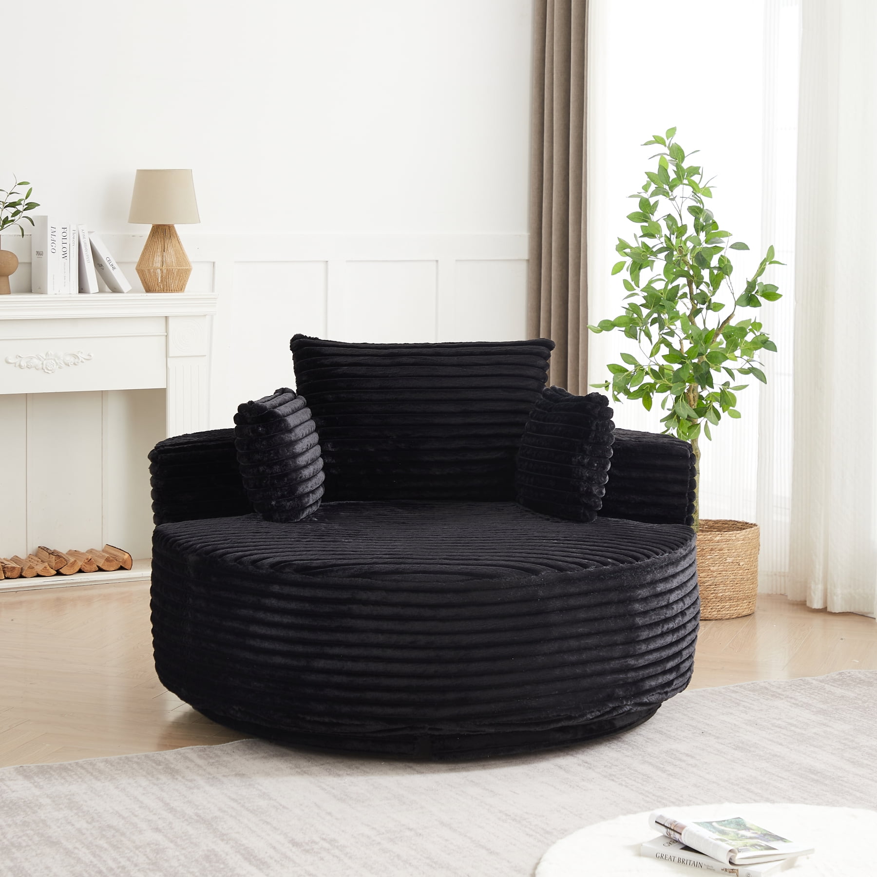 Leumius 55" Oversized Round Swivel Accent Chair,Upholstered Corduroy 360 Degree Swivel Chair for Living Room, Bedroom, Lounge and Projection Room,Black