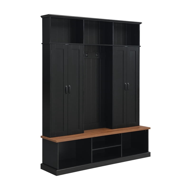Farmhouse Hall Tree with Top Cubbies, Entryway Bench with Open Compartments, 62.2'' W Coat Rack with Hooks and Cabinets for Hallway Mudroom