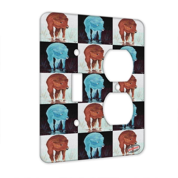 KuzmarK™ 2 Gang Single Toggle / Single Duplex Wall Plate - American Bison Buffalo Calf Wading Wildlife Pattern Art by Denise Every