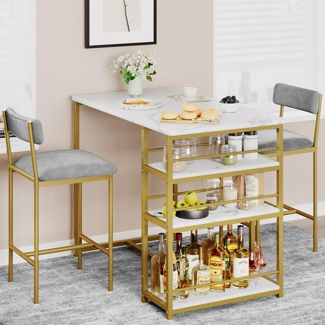 Dining Table Set for 2, Bar Table and Chairs for 2, Kitchen Table Set with 2 Upholstered Chairs, 3 Large Storage Shelves, Pub Table Set for Small Space, Apartment, Breakfast, Rustic Brown
