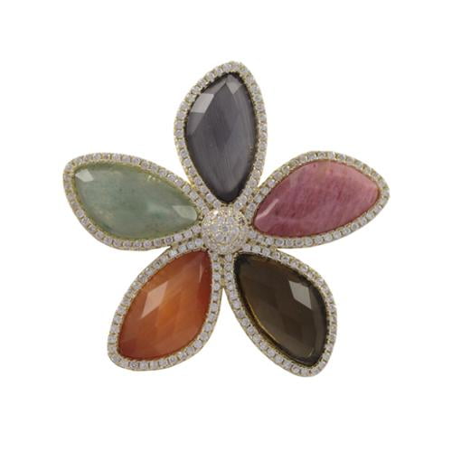 Luxiro Gold Finish Sterling Silver Gemstone and Cubic Zirconia Flower Brooch Pin by Overstock
