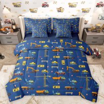 Homewish Cartoon Excavator Truck 7 Pieces Bedding Comforter Set,Equipped Truck Bulldozer Full Bedding Set,Deepblue Yellow Fitted Sheet Flat Sheet For Boys Kids,Microfiber Bedroom Decor Reversible