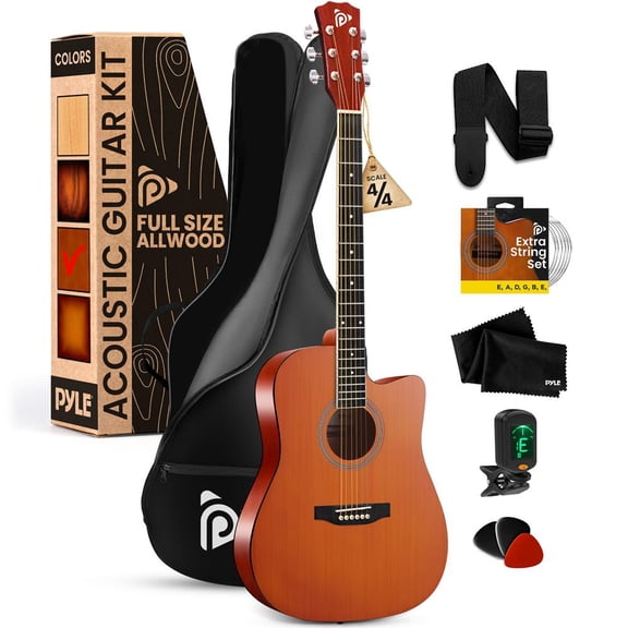 Pyle 41" Full Size Steel String Acoustic Guitar Kit, Cutaway All-Wood Guitar with Upgraded Gig Bag & Premium Accessories, Brown