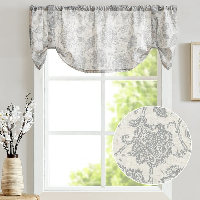 Curtainking Farmhouse Valance 50x18 inch Gray Rustic Floral Light Filtering Curtain Tie Up Rod Pocket Valance for Kitchen 1 Panel