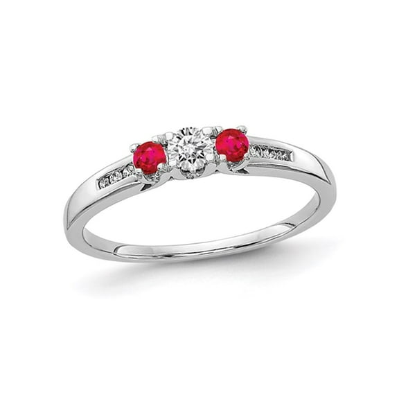 1/6 Carat (Ctw) Three Stone Diamond Ring with Rubies 1/6 carat (Ctw) in 14K White Gold for Women