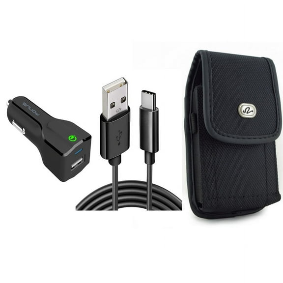 Case Belt Clip & Car Charger for iPhone 15 Pro Max - Rugged Holster Canvas Cover and 18W Fast USB Port 6ft Cable Type-C B5J for iPhone 15 Pro Max (6.7")