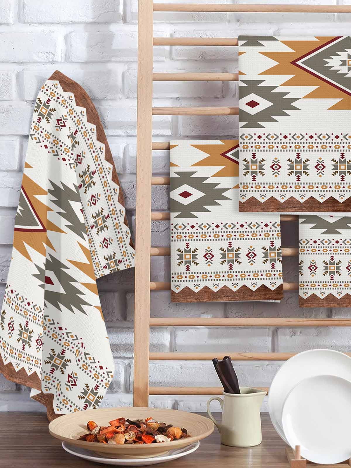 Southwest Geometric Hand Towels Set,Waffle Weave Kitchen Towels 3Pcs,Western Beige Grey Boho Vintage Wooden Microfiber Hair Face Bath Tea Towel Absorbent Quick Drying Cleaning Dish Cloths 15.7"x23.6"