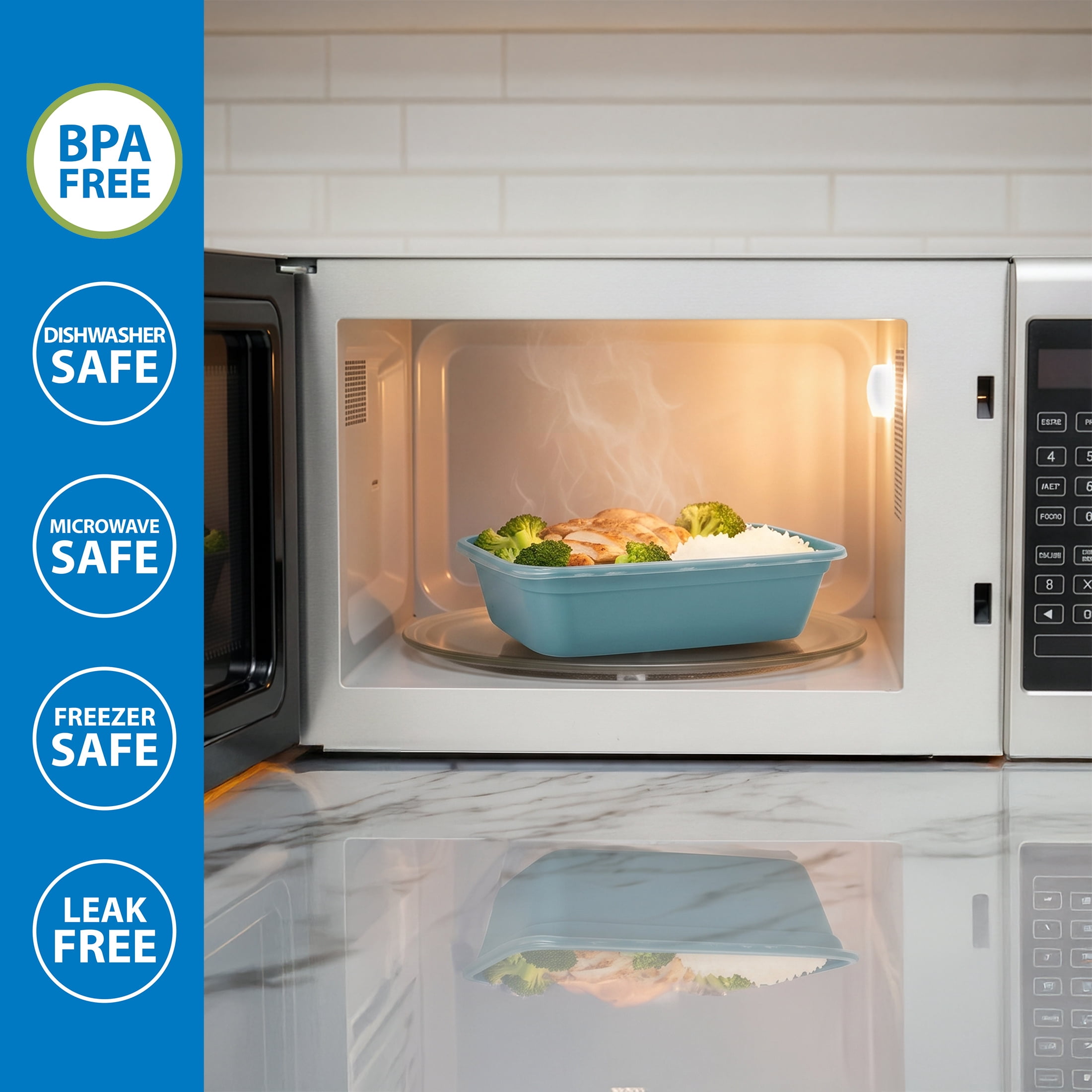 Mainstays 15-Pack 1-Compartment BPA-Free Plastic Meal Prep Food Storage Containers, Blue Cameo