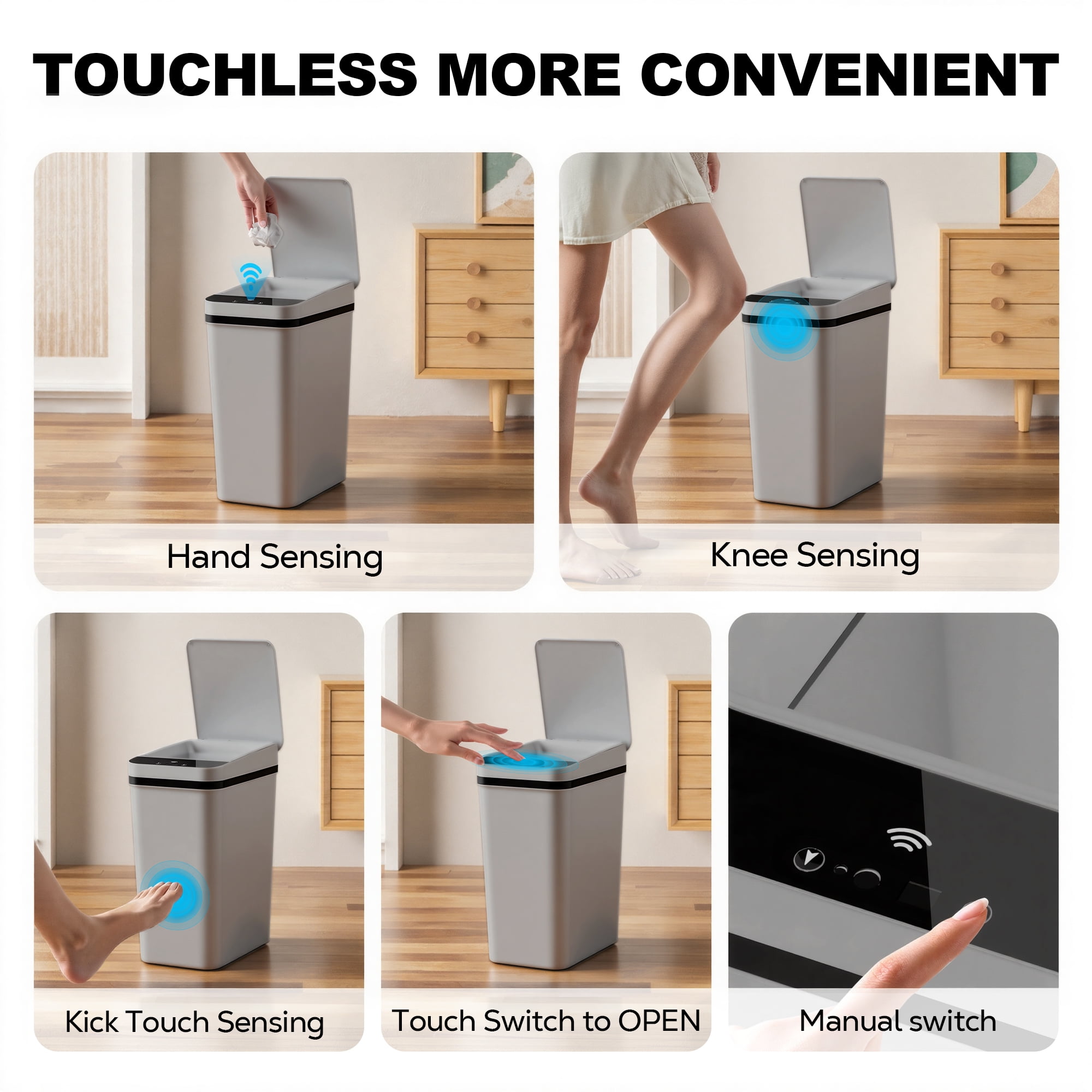 Riousery 3.5 Gallon Touchless Trash Can, 2-Pack Motion Sensor Waste Bin with Lid, Gray
