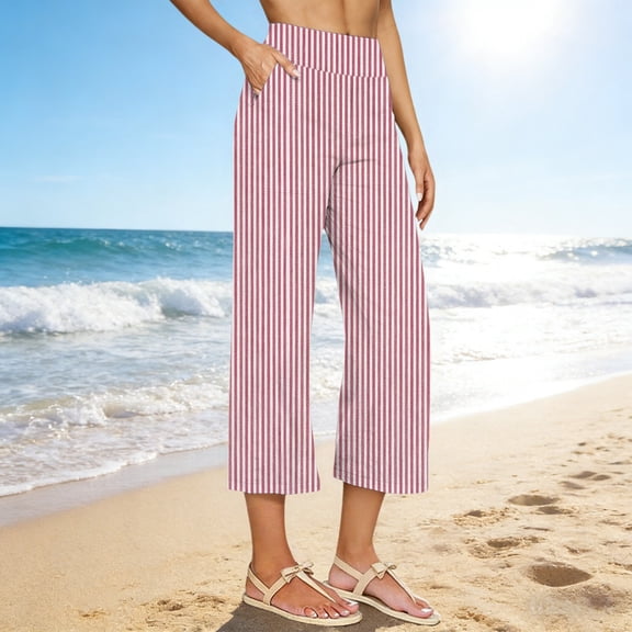 Blmnix Palazzo Women Pants Striped Pants Beach Pants Sweatpants Pink Baggy High Waisted Straight Leg 7/8th Office Pants for Women,S