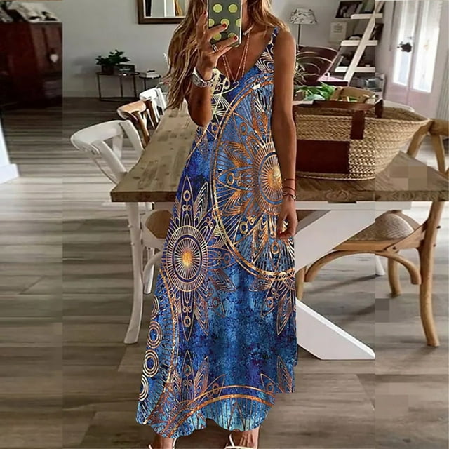 EGNMCR Robes d'Été Femmes Tendance 2024 Mode Femmes Été Décontracté Imprimé Camis Sans Manches Col en V Robe Débardeur