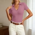 thumbnail image 2 of Daznico Women's Ribbed Knit V Neck Collared Short Sleeve Slim Fit Polo Top Casual Summer,M, 2 of 4