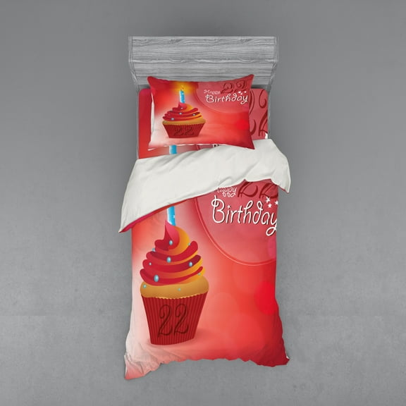Ambesonne Birthday Bedding Set 3 Pcs, Cupcake Romantic, Twin, Red Scarlet Blue