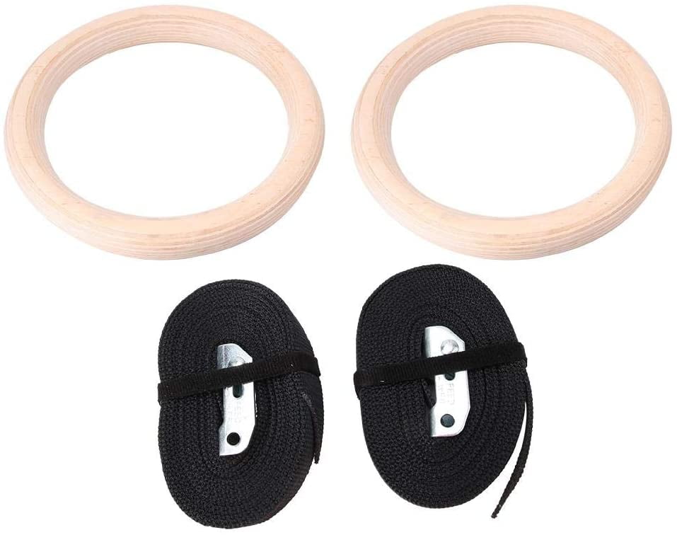 1 Pair Wooden Gymnastic Rings with 2.5cm Polyester Strap Home Exercise Suitable for Workout Body Building Adults Man Woman Children