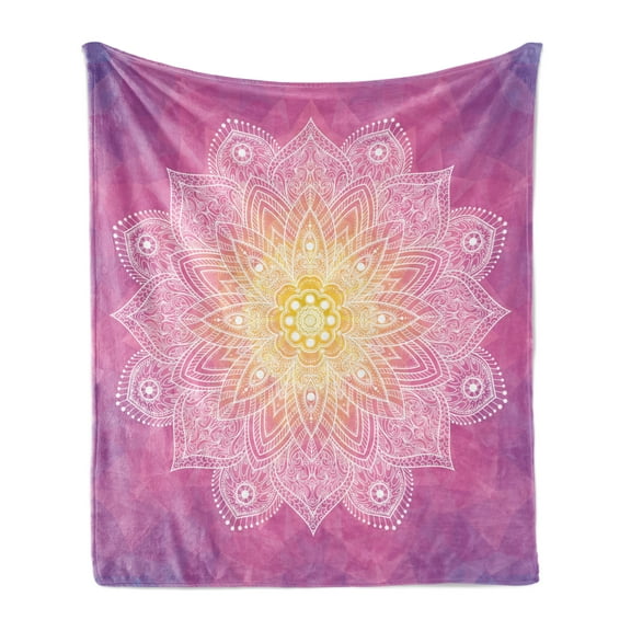 Mandala Soft Flannel Fleece Throw Blanket, Digital Mandala Psychedelic Hidden Magic Force of Life, Cozy Plush for Indoor and Outdoor Use, 50" x 70", Fuchsia Yellow, by Ambesonne