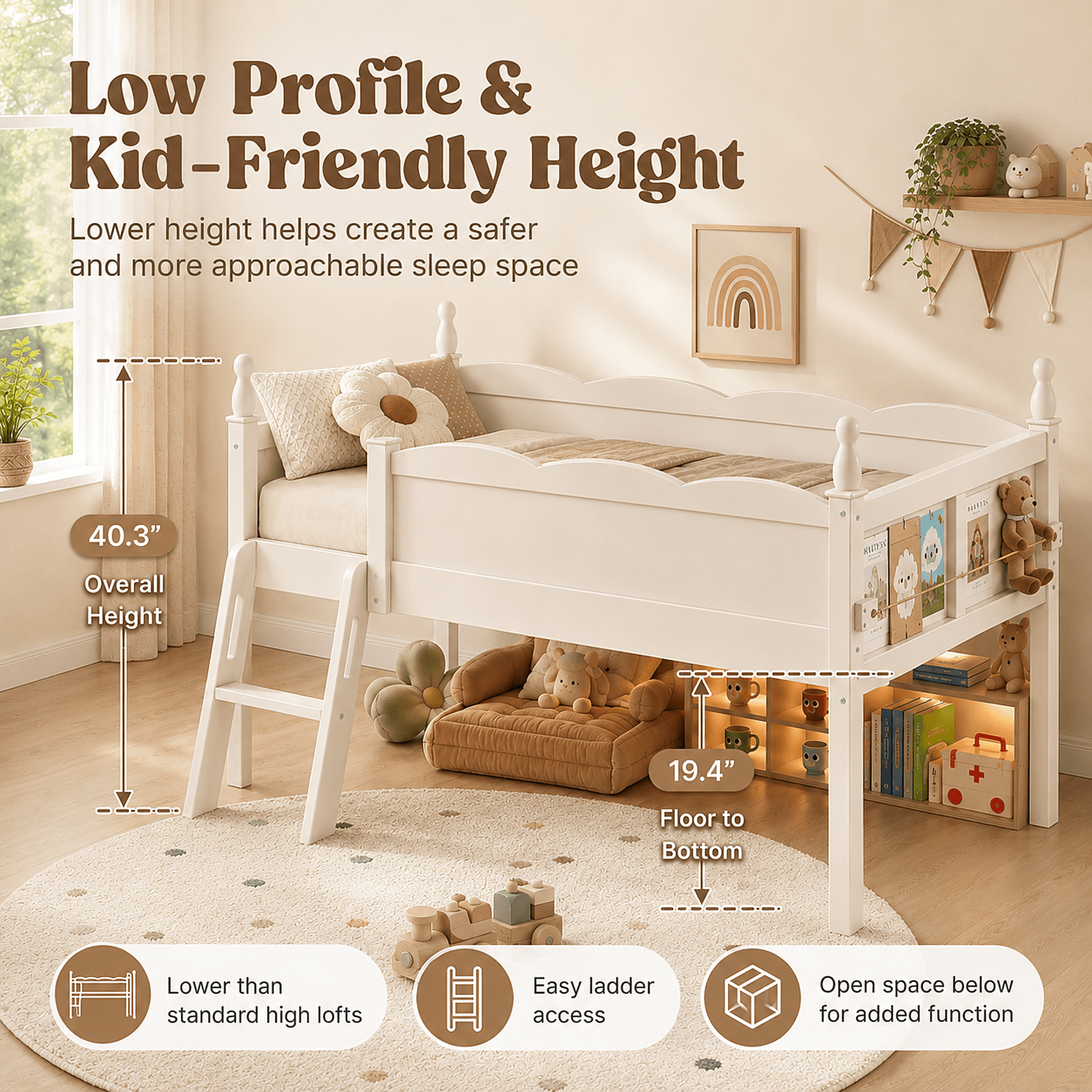 Miniyam Twin Low Loft Bed with Bookshelf and Guardrails, Wood Kids Bed for Bedroom, White