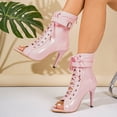 thumbnail image 3 of Rokment Women's Stiletto High Heels Combat Booties Sandals Vintage Sexy Leather Buckles Pointed Open Toe Lace up Dressy Pumps Spring Summer Shoes for Ladies Pink Size 6, 3 of 8
