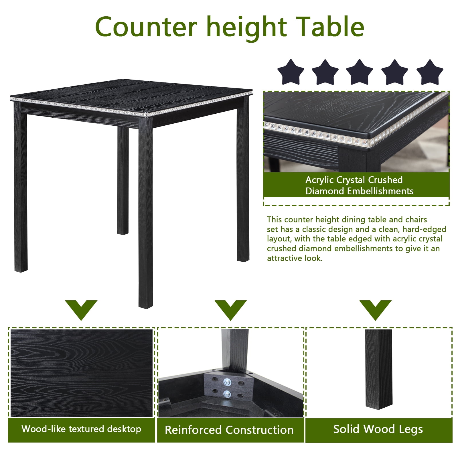 Gewnee Modern 5 Piece Dining Table Set,Counter Height Dining Table with Crystal Decoration and 4 PU Upholstered Chairs for Kitchen,Dining Room,Black