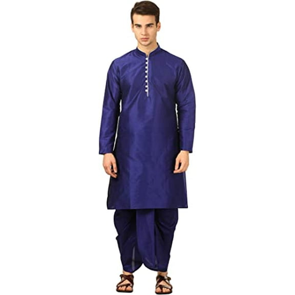 Devyom Men's Silk Straight Regular Fit Dhoti Kurta Set (Blue, 38)
