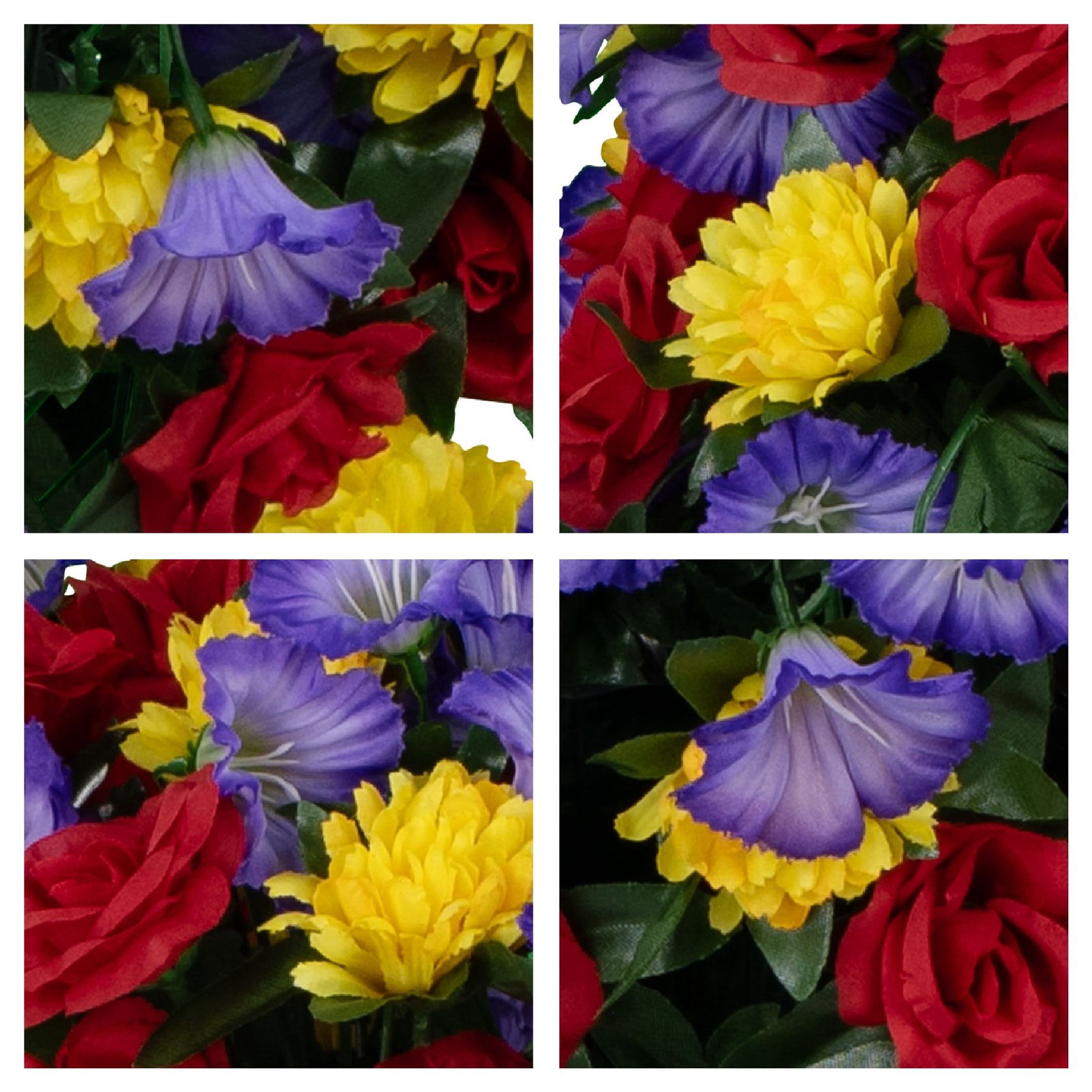 Sympathy Silks Artificial Flowers Outside Weighted Trailing Red Roses Purple Morning Glories and Yellow Mums Pot