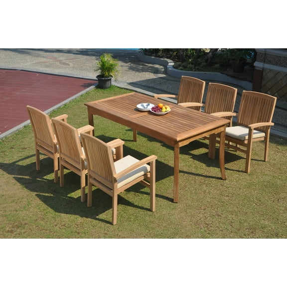 Grade-A Teak Dining Set: 6 Seater 7 Pc: 60" Rectangle Table And 6 Wave Stacking Arm Chairs Outdoor Patio WholesaleTeak #WMDSWVm