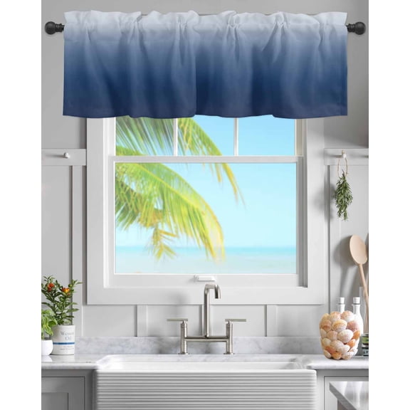 Kitchen Valances for Window, Navy Blue Gradient Ombre Light Filtering Rod Pocket Valance Curtain, Minimalist Art Short Curtains Window Topper for Bedroom Bathroom Living Room 54x18in