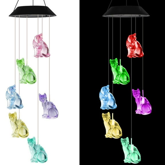 Harpi Cute Cat Solar Wind Chimes, Color Changing Solar Wind Chimes for Outside, Waterproof LED Mobile Lights for Home Party Yard Garden Christmas Decoration, Mothers Day Gifts