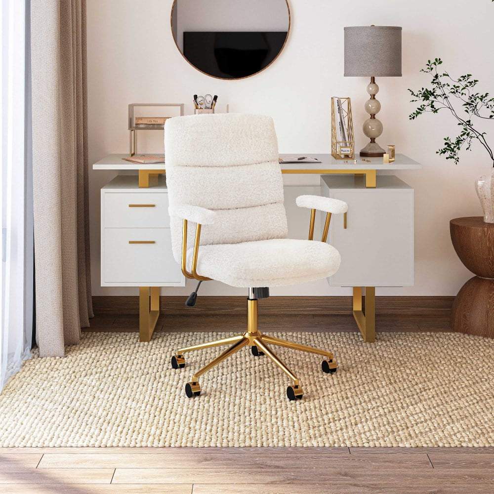 textured boucle office chair with product