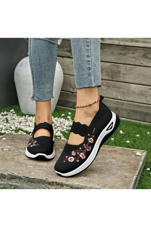 Walking Shoes Women Slip On, Women's Flower Embroidered Slip On Knitting Flat Loafers,Mary Jane Breathable Elastic Mesh Comfy Platform Mom Walking Nurse Shoes Casual Walking Sneakers, Black 8