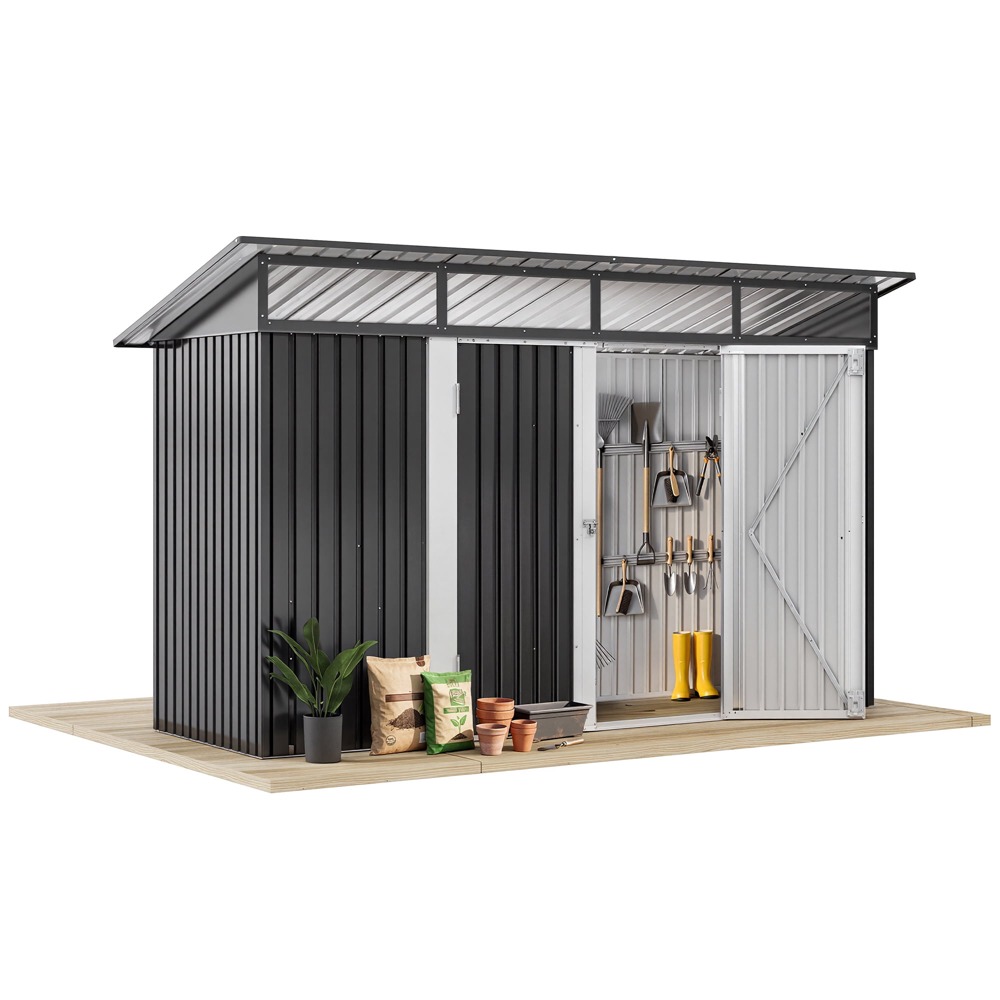 Uforic 9 x 4 FT Outdoor Storage Shed, Weather Resistant Metal Tool Shed with Acrylic Windows and Lockable Door, Multi-Functional Storage Shelter for Bikes Tools Waste Outdoor Patio Garden, Dark Gray