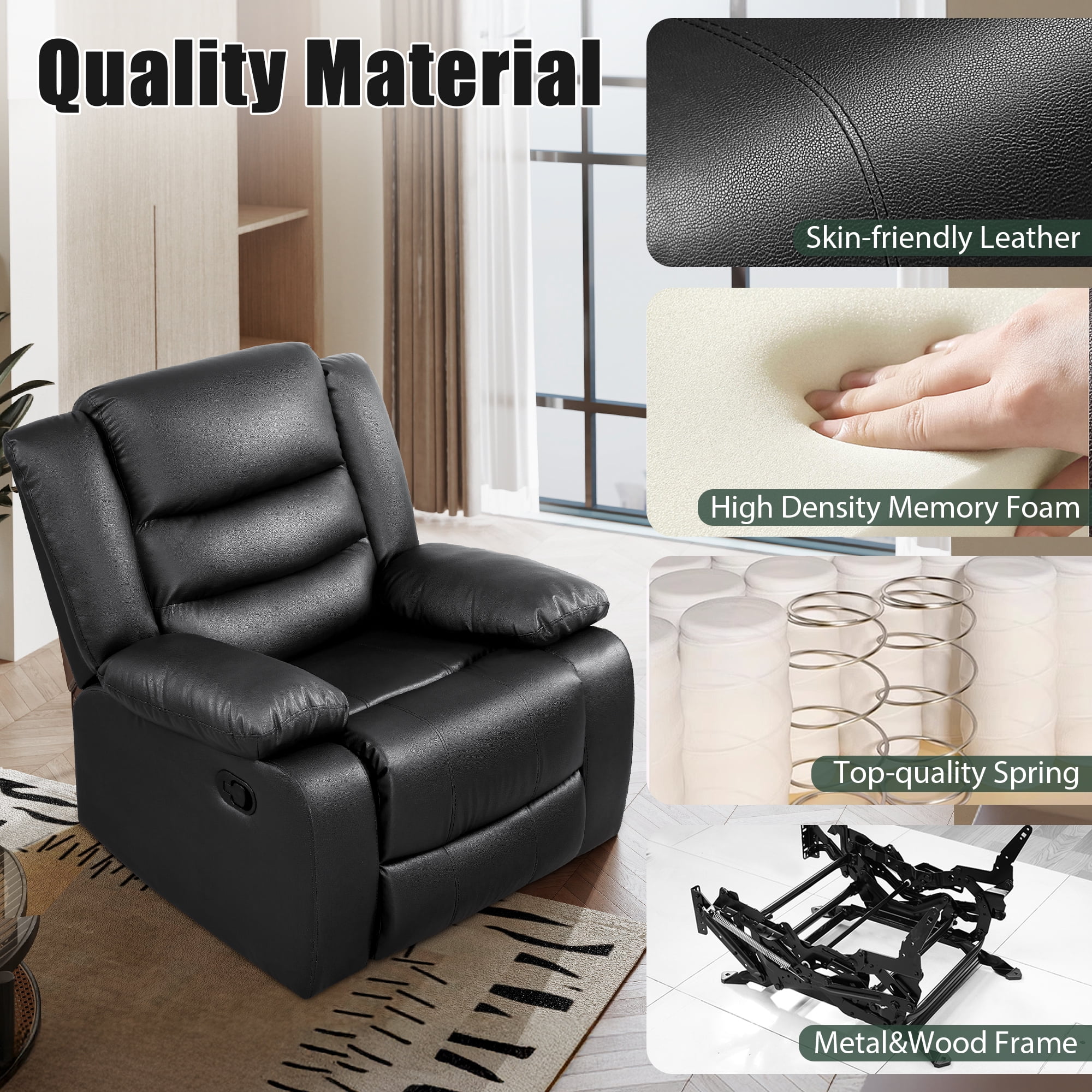 TrumanPick Manual Recliner Chair for Adults, Lazy Boy Rocker Recliner Overstuffed Glider Recline Sofa Chair for Living Room,Black
