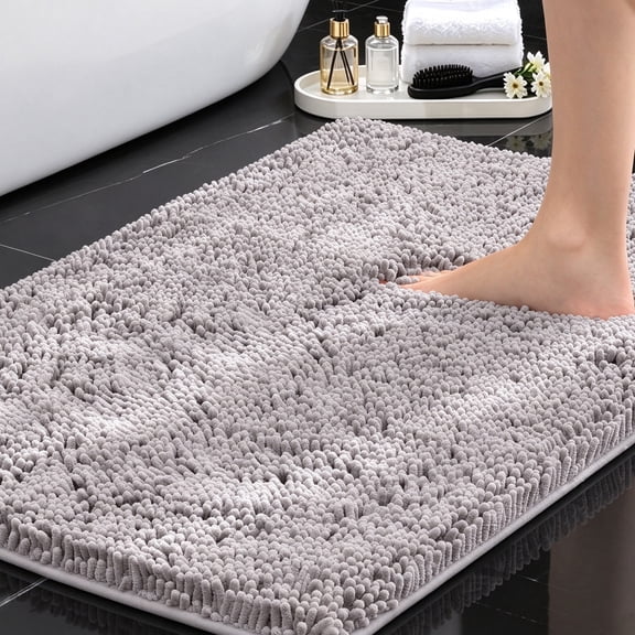 Wuscimy Luxury Chenille Bath Mat, Highly Absorbent, Quick Drying, Extra Thick Non-Slip Rubber Backing, 32 x 20 in, Light Gray