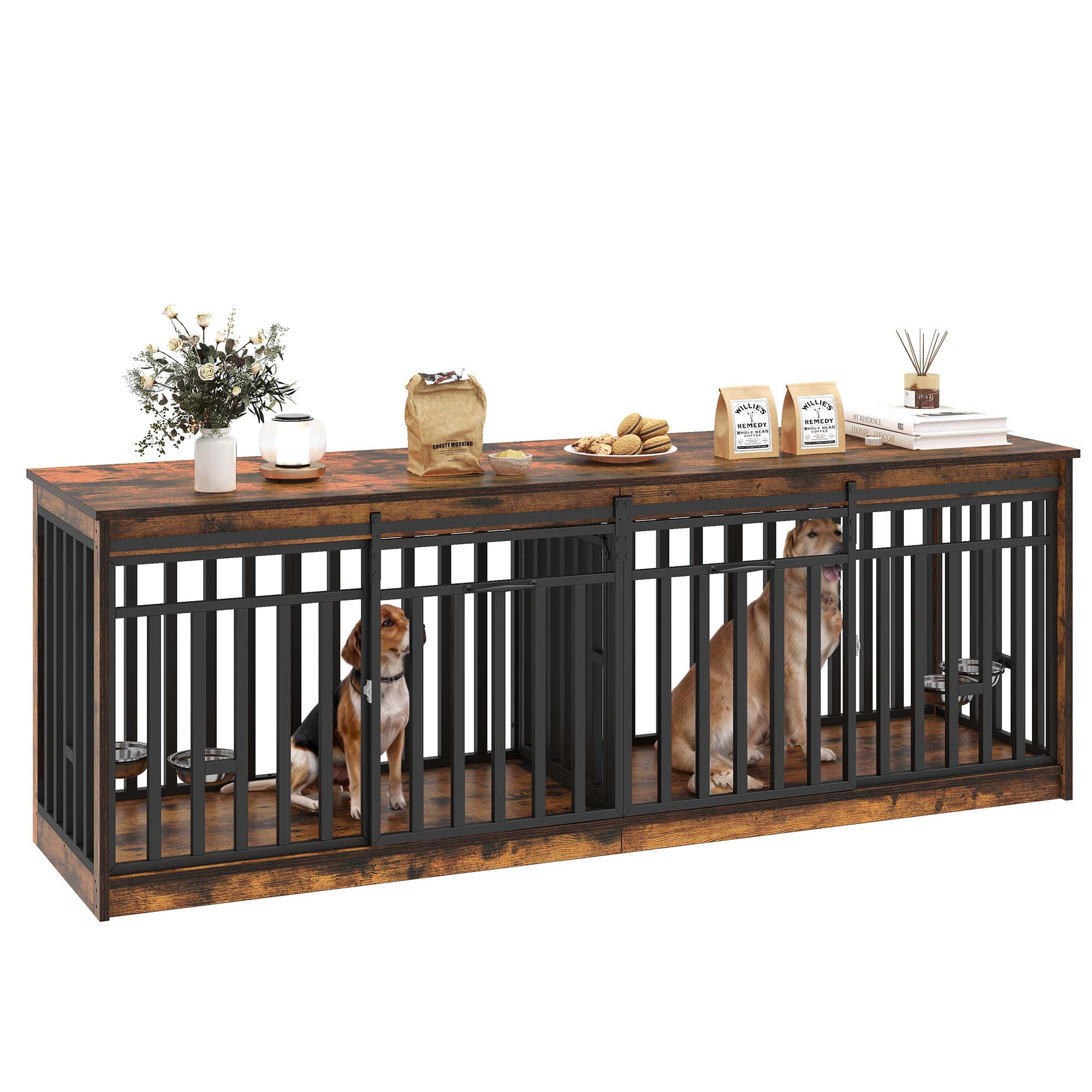 Dextrus Wooden Large Double Dog Crate Furniture for 2 Dogs with 2 Sliding Door, 86.6 in Wood Dual Dog Kennel TV Stand, Rustic Brown