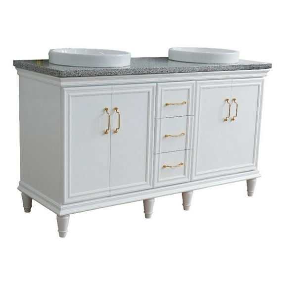 61 in. Double Wooden Vanity White Gray Granite Rectangle Sink