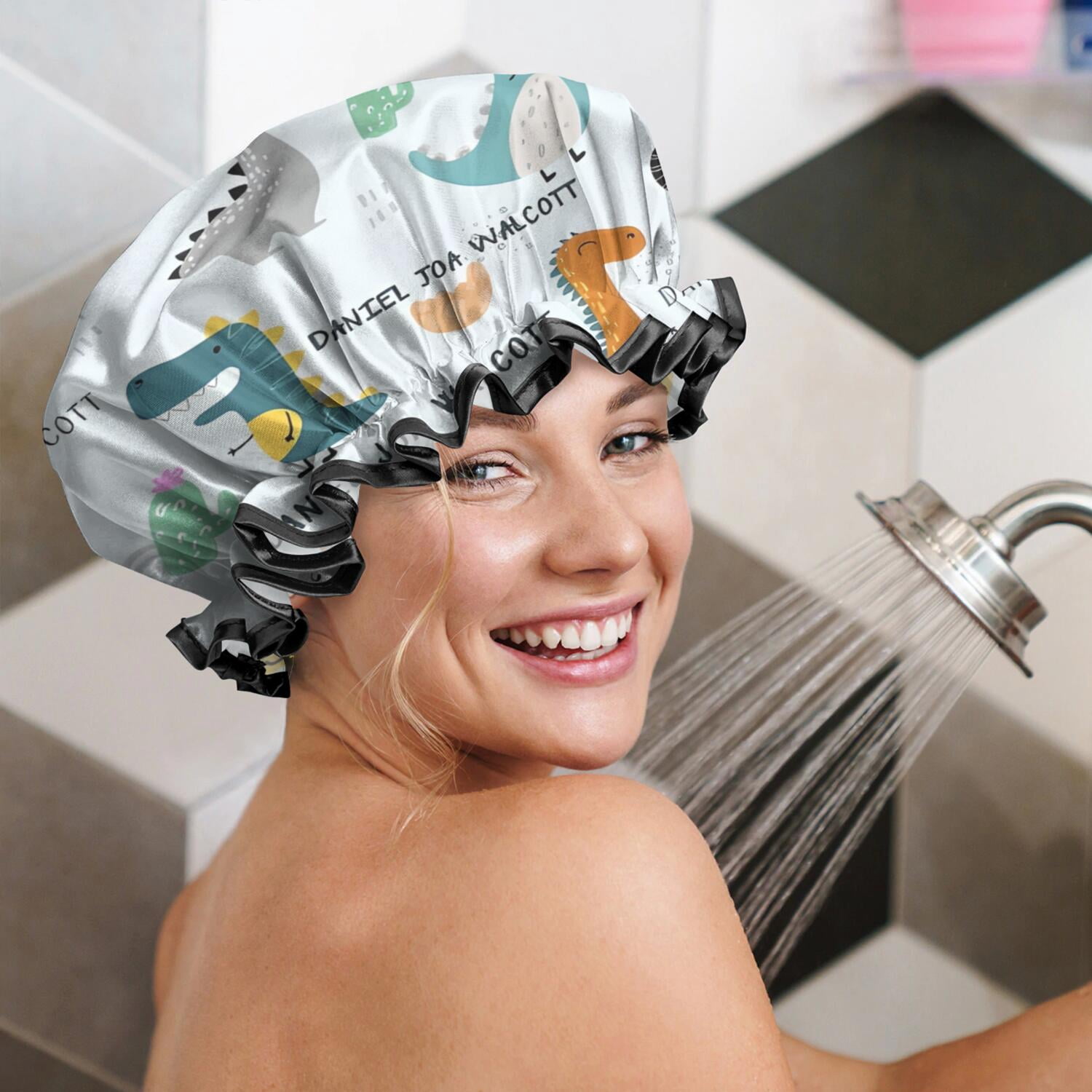 Shower Caps,LightBlue Cartoon Dinosaurs Name Pattern Waterproof Shower Cap for Women 4 Pieces,Double Reusable Hair Cover for Shower PEVA Elastic Stretch Hem
