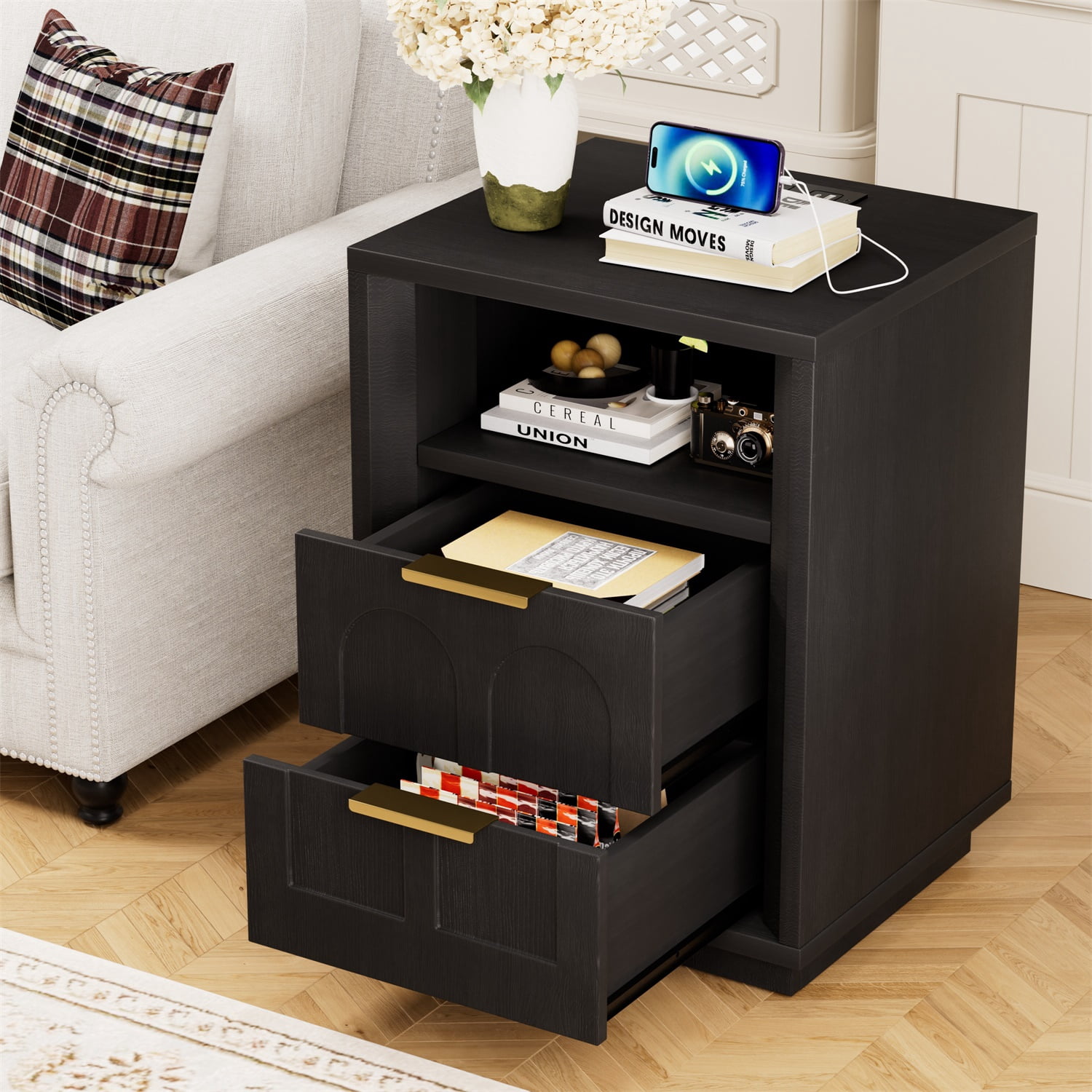 Hommoo 2-Pack Modern Nightstands with Built-in Type-C Charging Station, 2 Drawers & Open Shelf, Mid-Century Bedroom Side Tables for Bedroom, Living Room or Office, Black